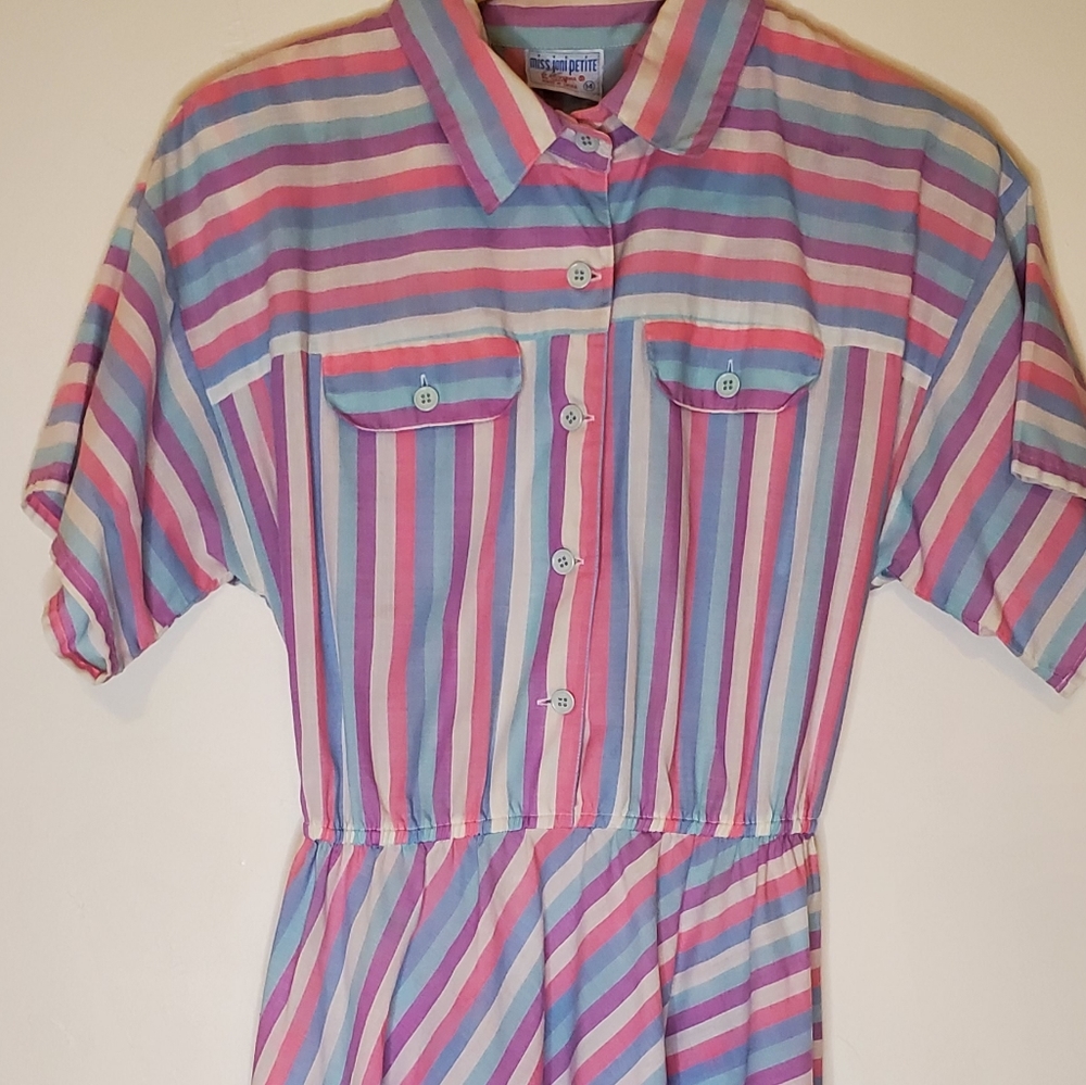 Pink Bubblegum White, Blue and Purple Striped 80s Short Sleeve Shirt Dress - Picture 12 of 15